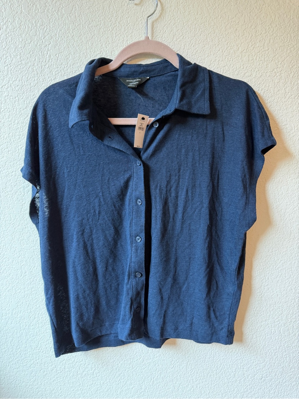 Banana Republic Navy Button-Front Short Sleeve Linen Polo Top NWT